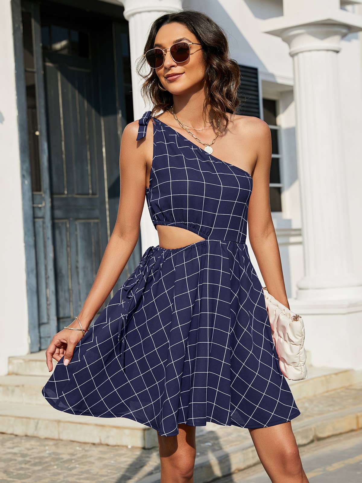 PLAID HOLLOWED-OUT DRESS WITH SLOPING SHOULDERS