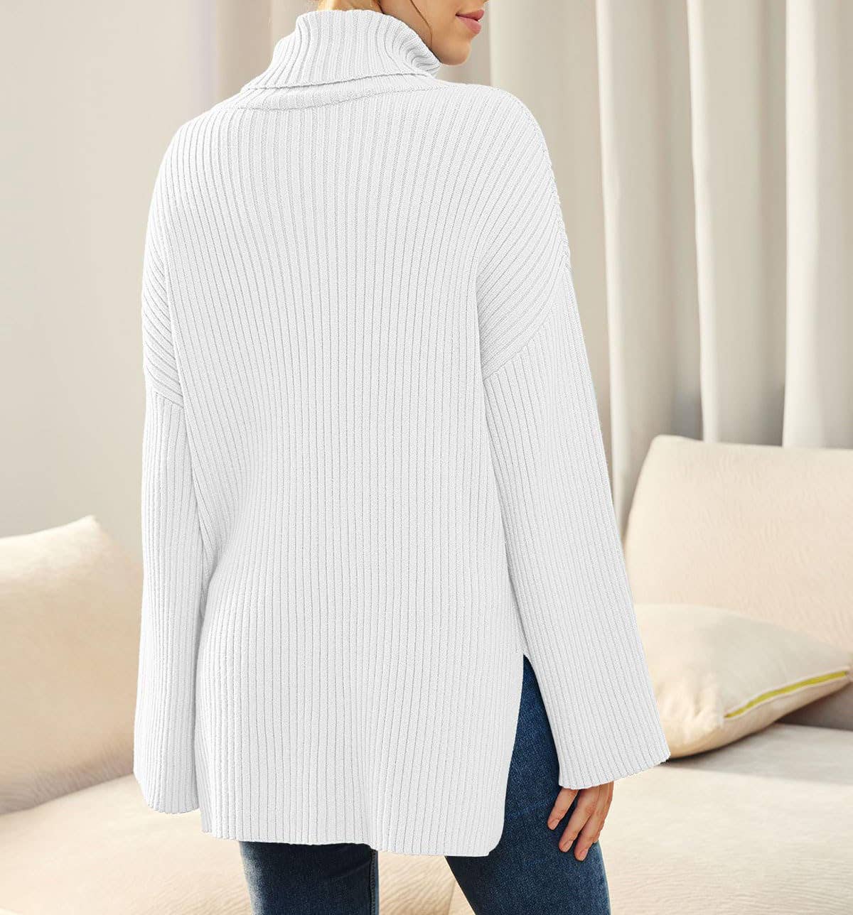 SPLIT TURTLENECK SOLID COLOR RIB KNIT SWEATER