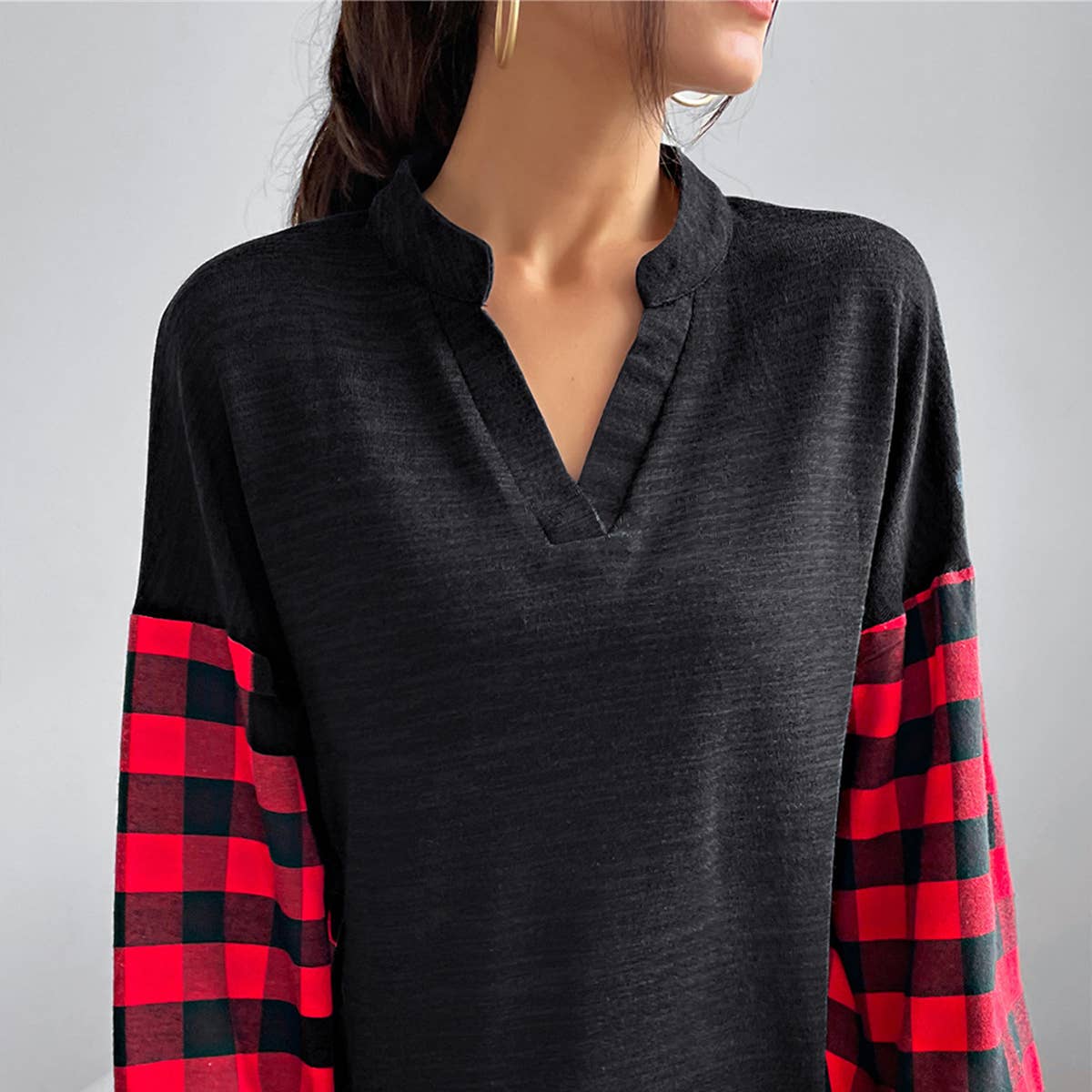 Classic casual patchwork plaid long-sleeved top_cwtbll1768