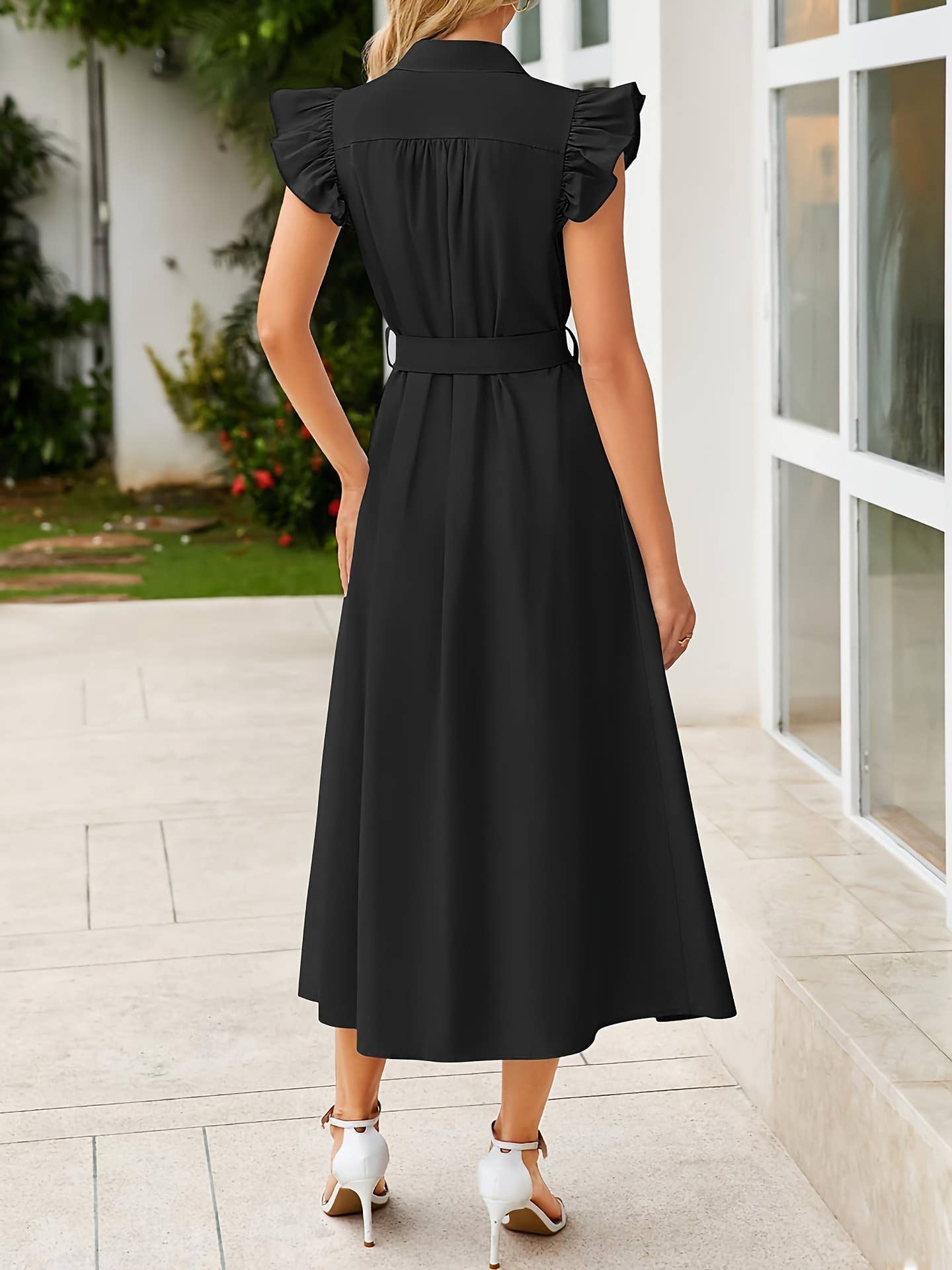 Pleating waist feifei sleeve pure color dress
