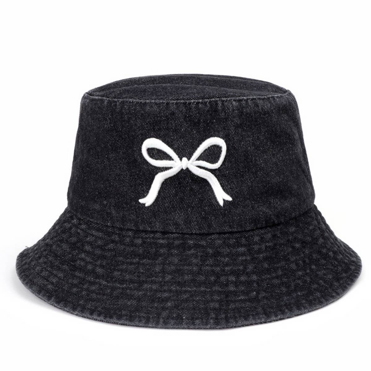 CWAH1652_Fashion Bow Embroidered Denim Wash Bucket Hat