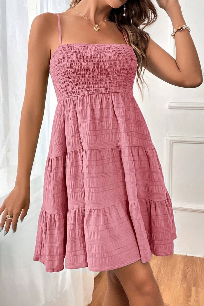 CWDHL0739_SUMMER SOLID COLOR TEXTURED SUSPENDER DRESS