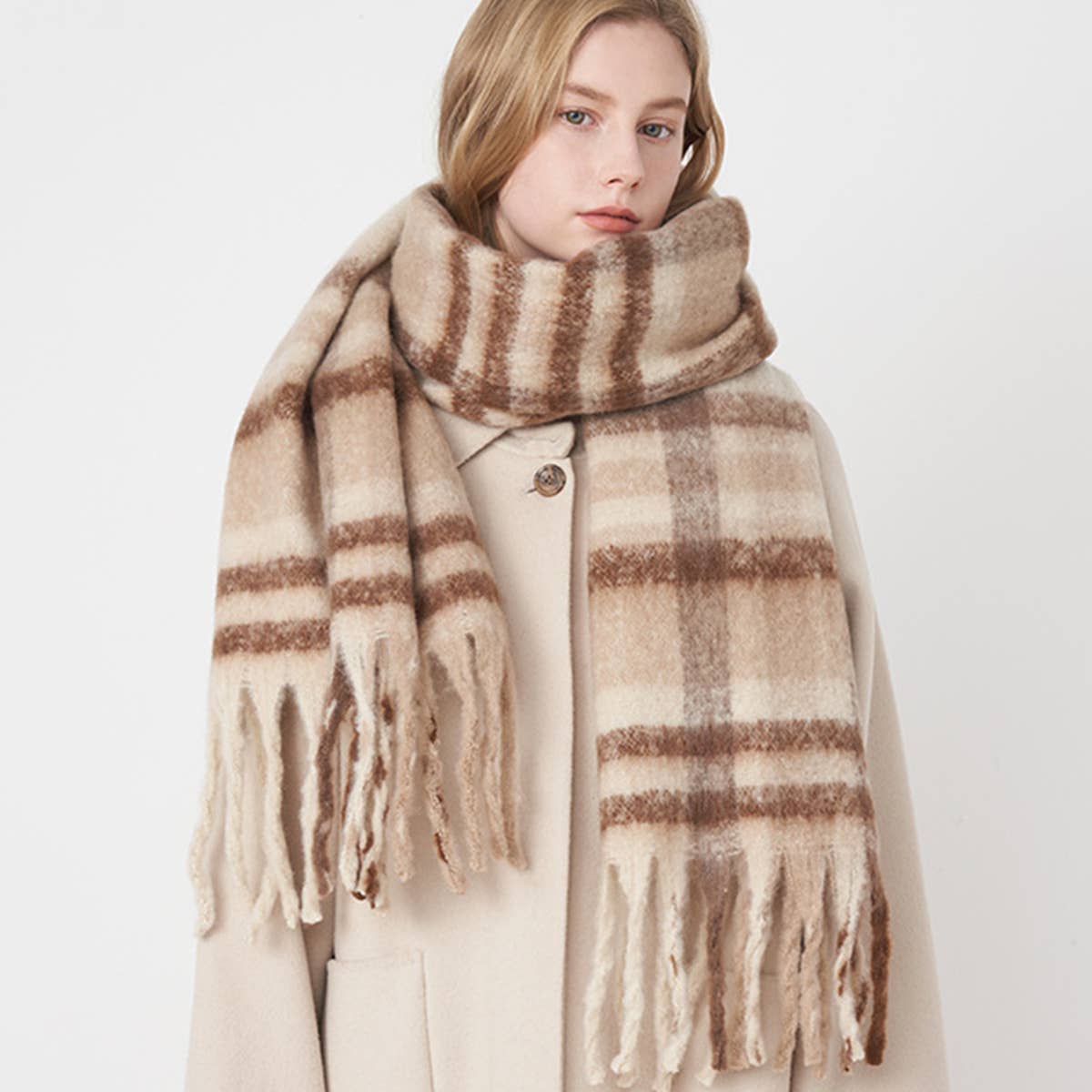 French Retro Plaid Scarf - Winter Tassel Wrap