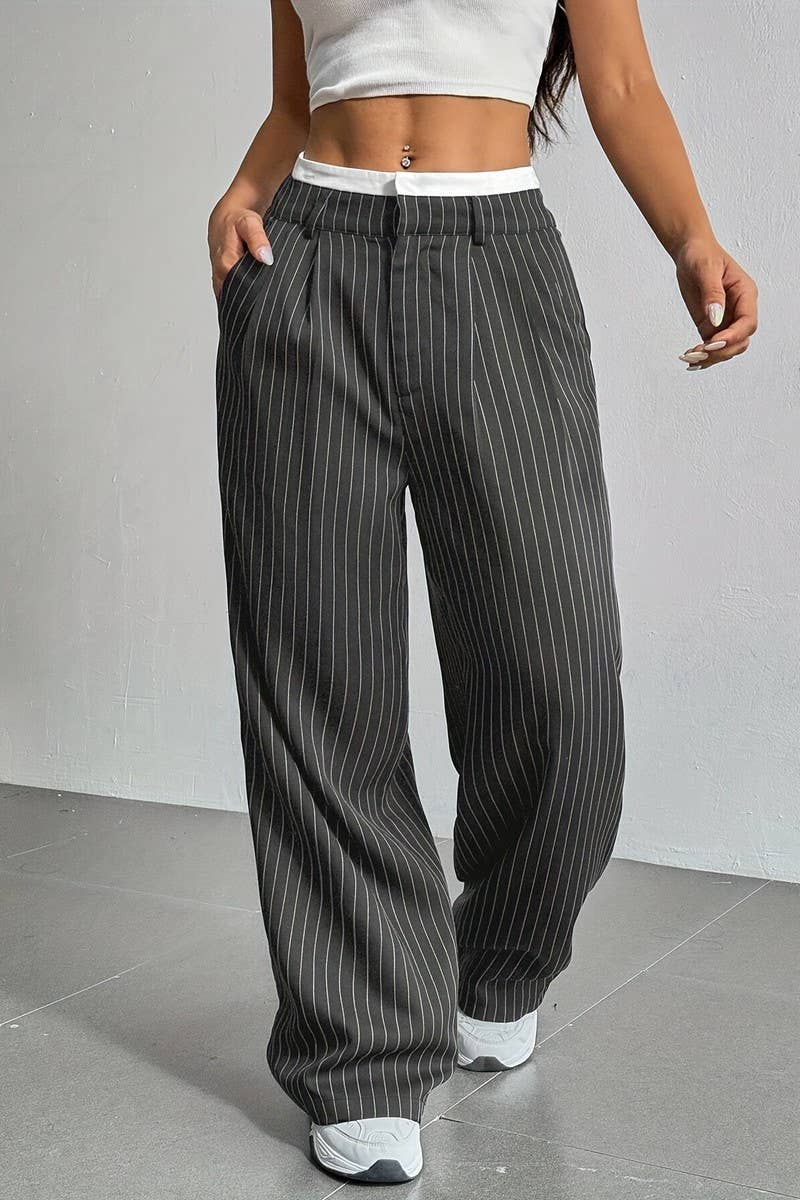 CWBLP1116_HIGH-WAISTED STRIPED LOOSE STRAIGHT-LEG TROUSERS