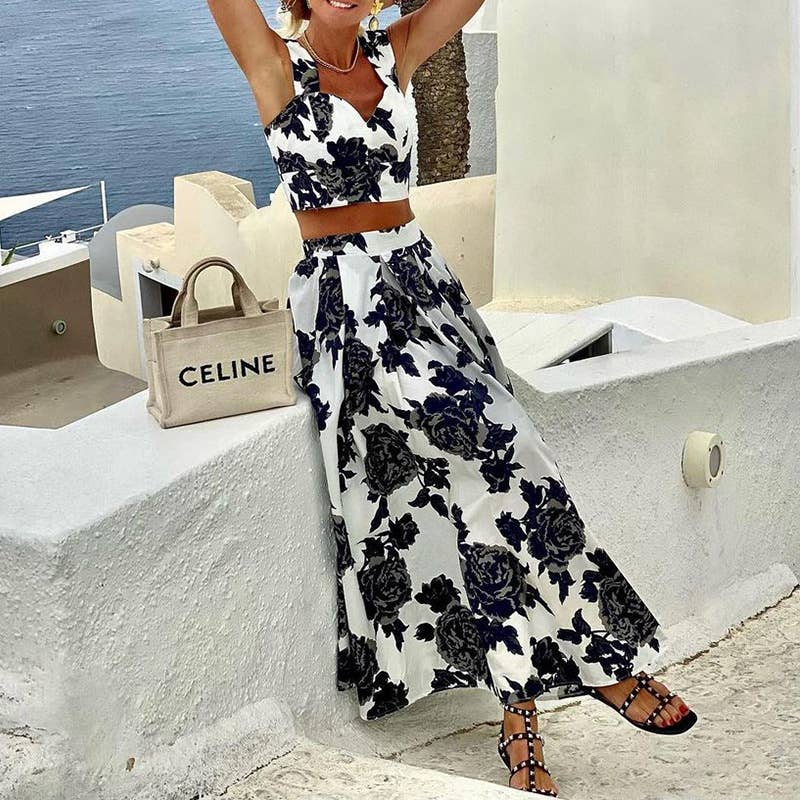 FASHION PRINT HALTER TOP SKIRT TWO-PIECE SET