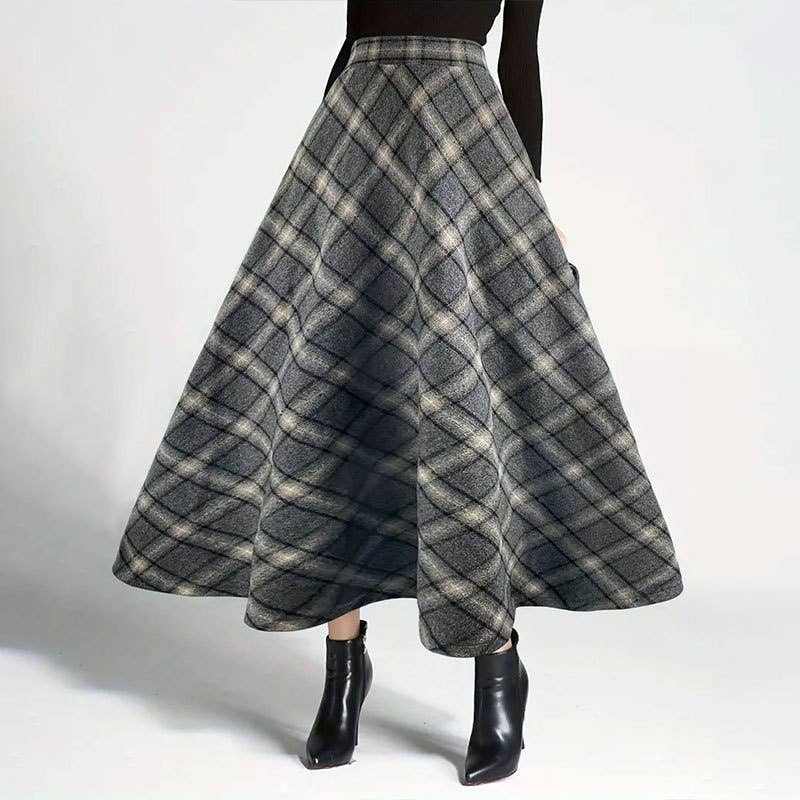 Thickened retro checkered long skirt