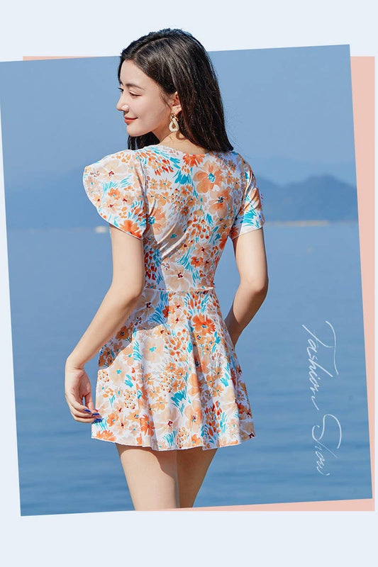 CWMW0863_V-NECK FLORAL SHORT-SLEEVED BEACH SWIMSUIT DRESS