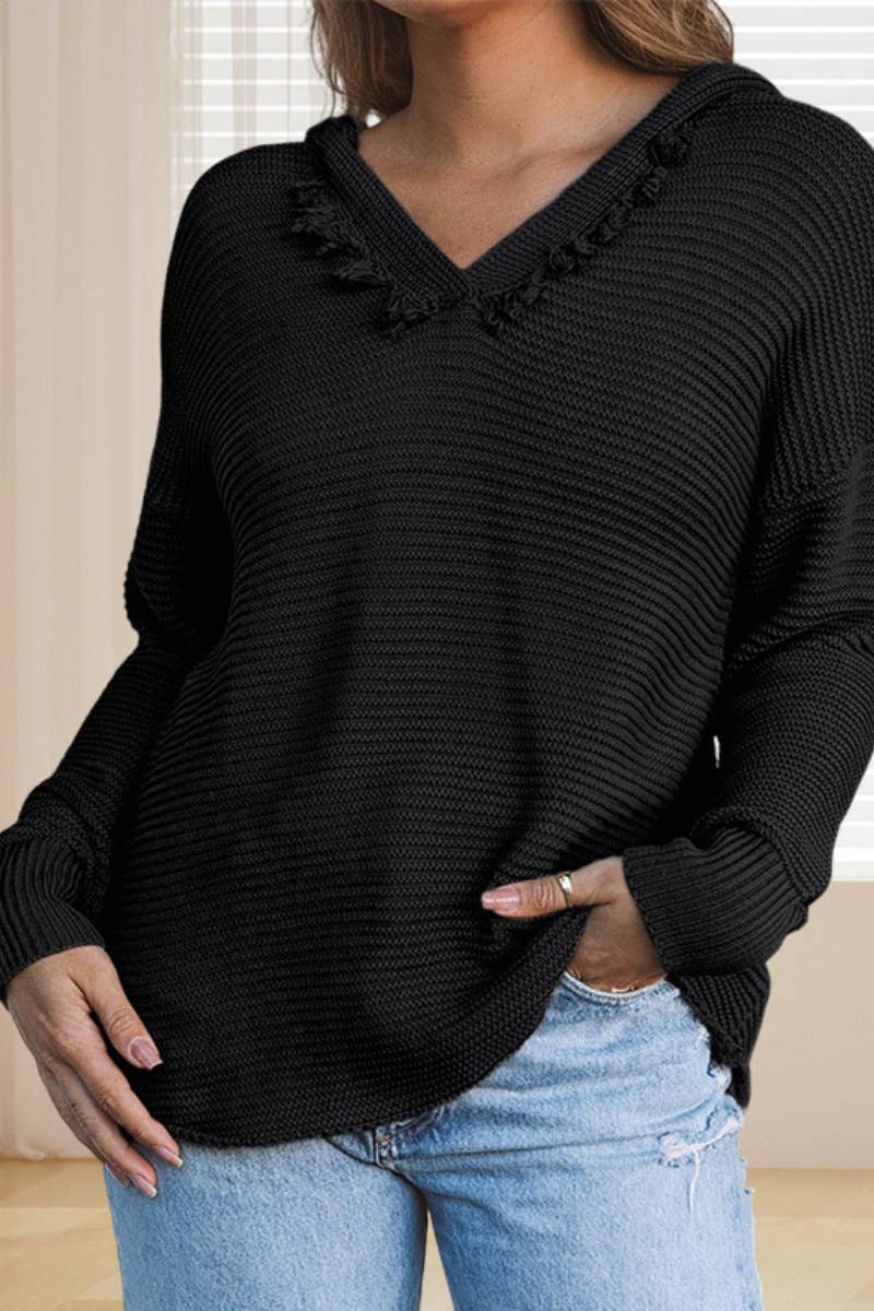 CWOHOL1038_V-NECK HOODED LONG-SLEEVED FUR-TRIMMED HOODIE