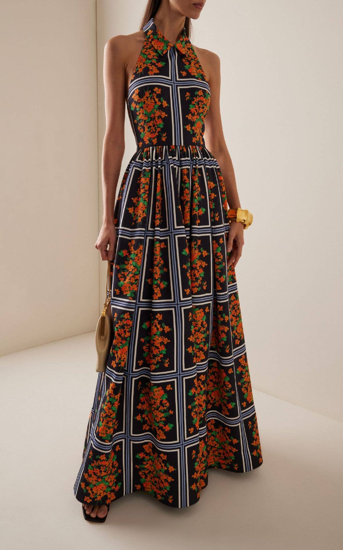 Sexy halter lapel print long elegant halter dress