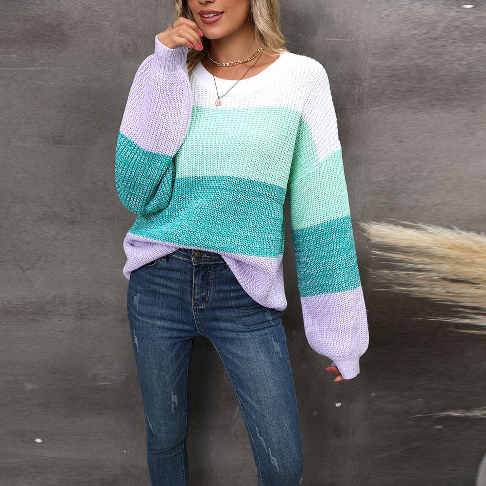 Patchwork Color Contrast Pullover Sweater