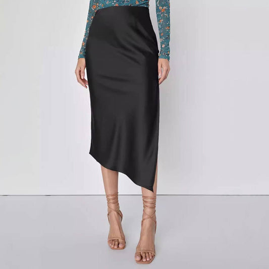 SATIN SKIRT ASYMMETRIC HIGH WAIST MAXI SKIRT