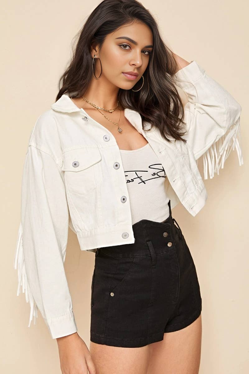 CWJJ0232_DENIM JACKET WITH LONG SLEEVES WITH FRINGE SHORT