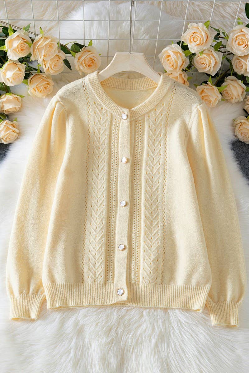 CWOCAL00711_SOLID CROCHET HOLLOW KNIT BUTTON-UP CARDIGAN