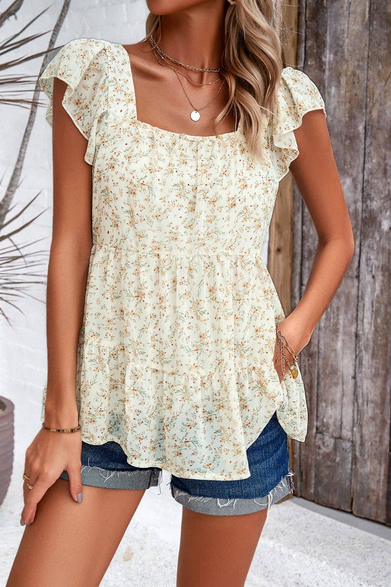 STYLE FLORAL SQUARE COLLAR TOP_CWTBLS0288