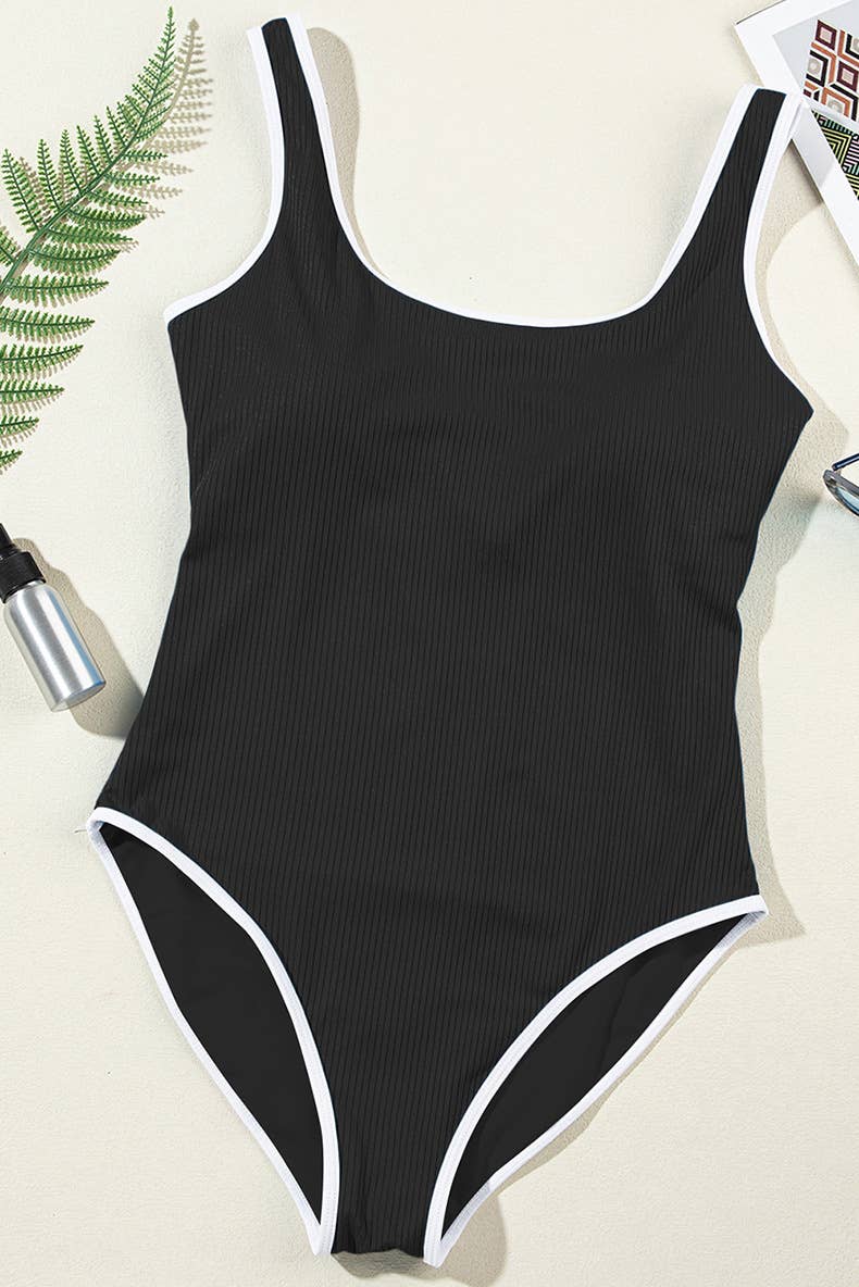 One-piece swimsuit contrasting color borders