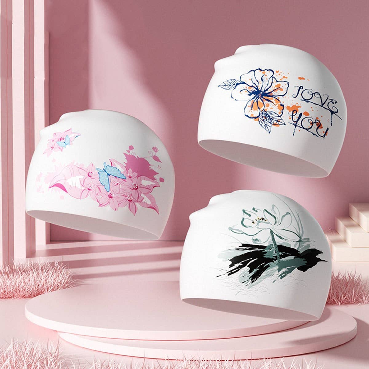 Printed Silicone Swim Cap for Women with Anti-Slip_CWMM6707