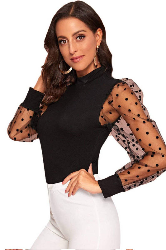 Cwttl1976_Lace Loose Transparent Polka Dot Long Sleeve Top