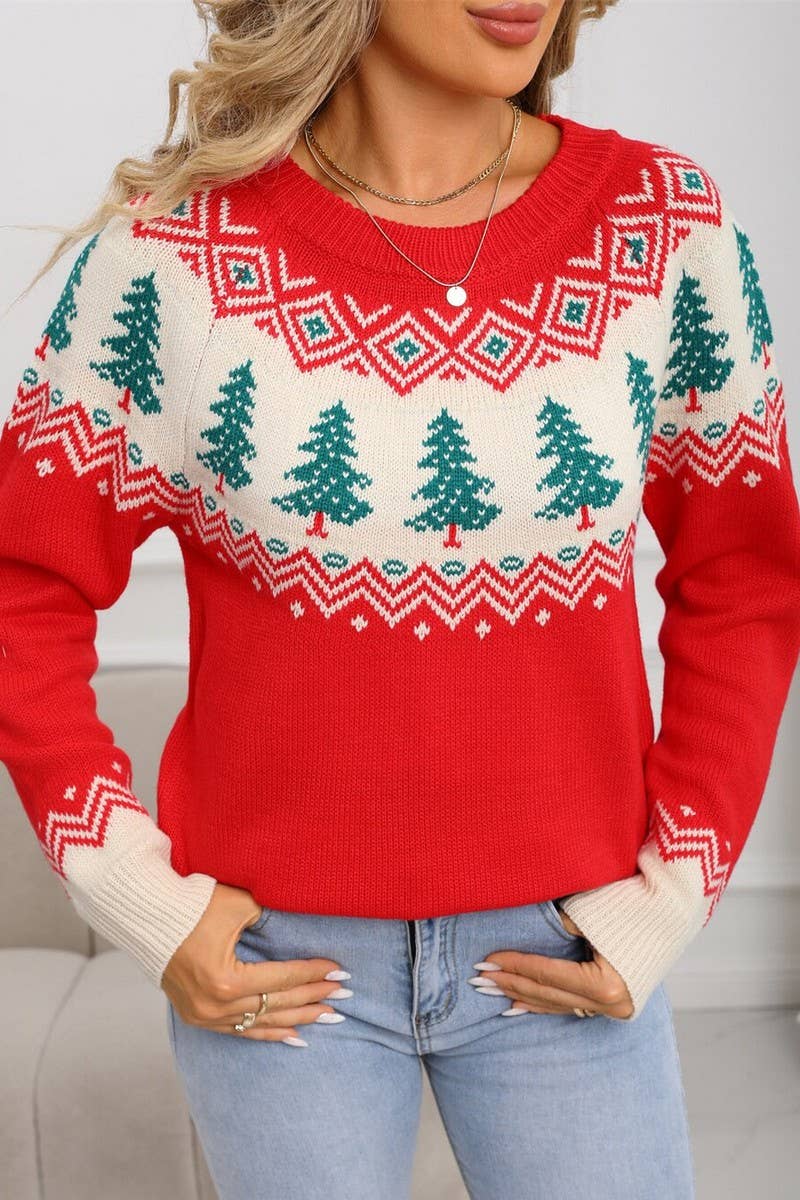 CWOSWL07598_JACQUARD CHRISTMAS TREE KNIT SWEATER