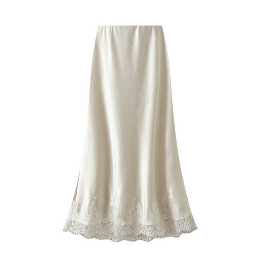 Lace-Trimmed Satin A-Line Midi Skirt with Draping