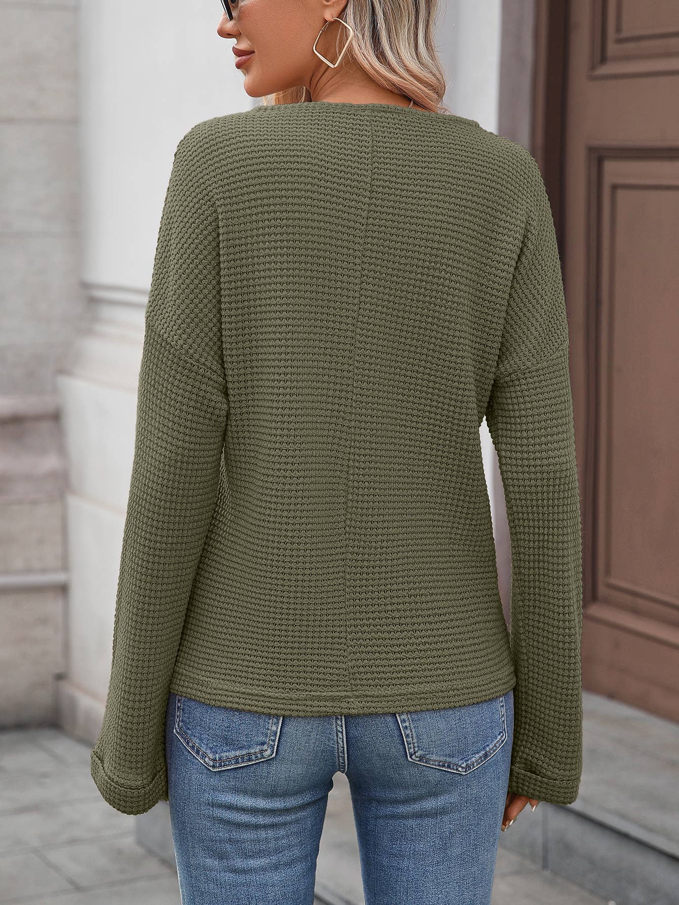 Waffle round-neck solid-color knitted T-shirt