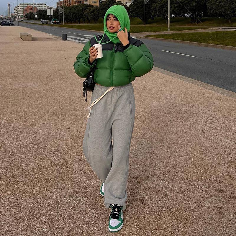 SOLID COLOR ROUND NECK ZIPPER POCKET BREAD JACKET