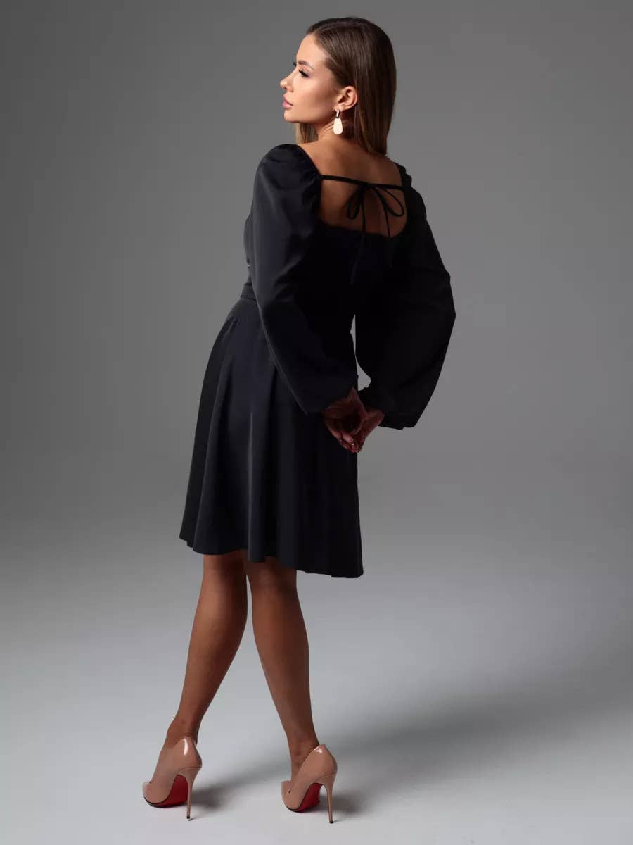 Puffed sleeve floral print lace-up dress