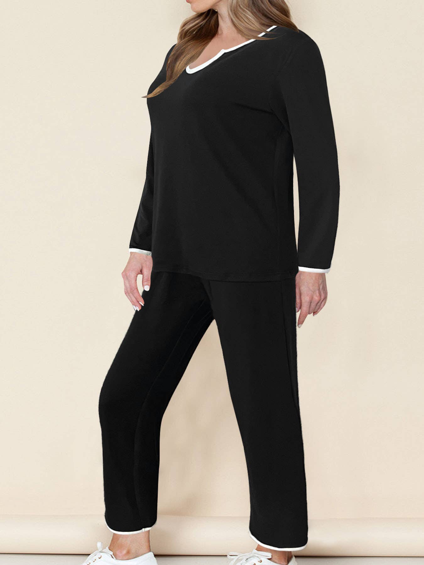 V-neck loose casual drawstring long pants set