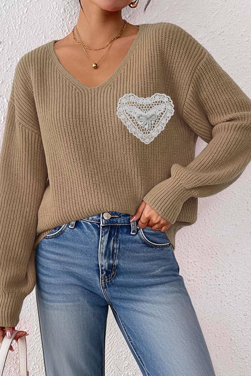 CWOSWL07339_WOMEN V NECK LACE BOW POCKET KNIT SWEATER