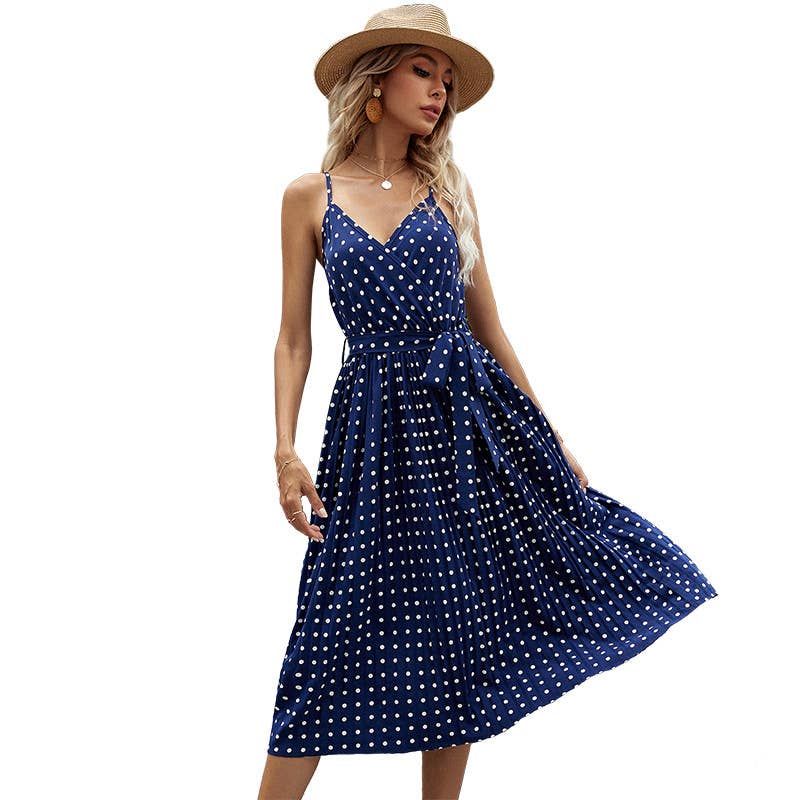POLKA DOT HALTER LACE PLEATED DRESS