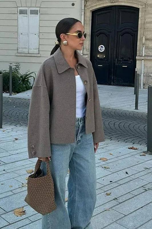 CWOCO1065_SOLID COLOR LAPEL BUTTON LOOSE WOOLEN COAT