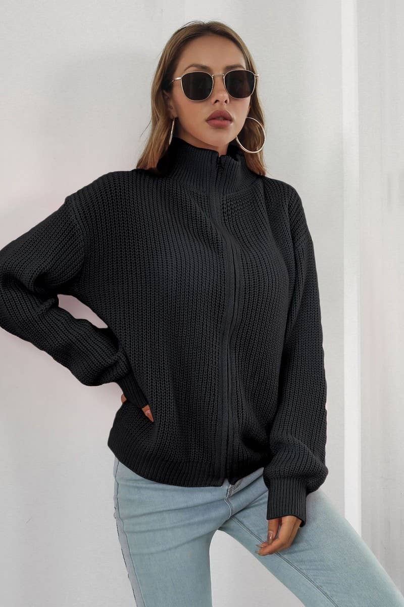 CWOCAL1168_TURTLENECK LOOSE ZIPPER KNIT CARDIGAN