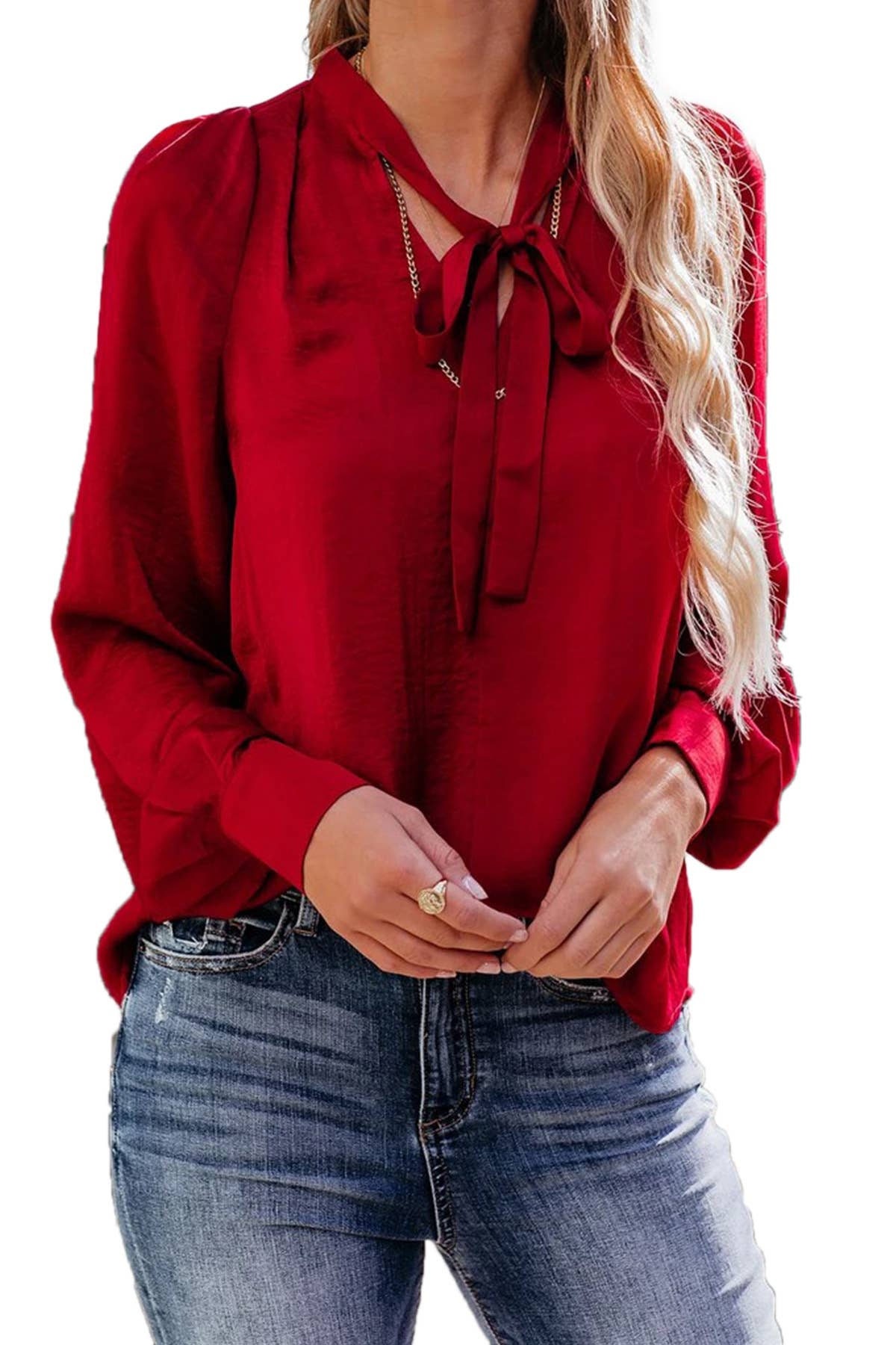 SOLID COLOR V-NECK LACE-UP LONG SLEEVE SHIRT