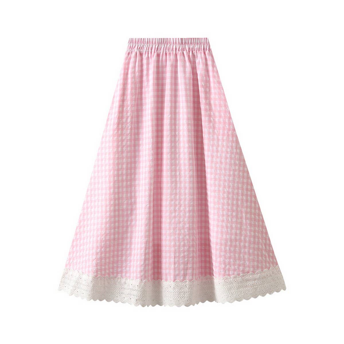 Lace Trim Plaid High-Waist A-Line Midi Skirt