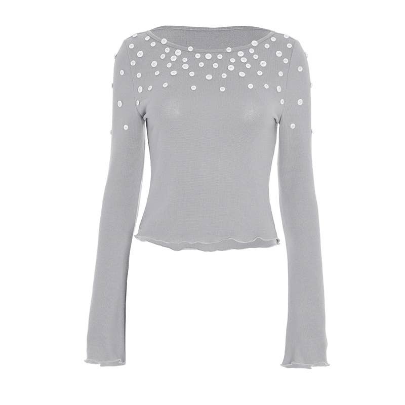 Solid-color round-neck button-decorated T-shirt