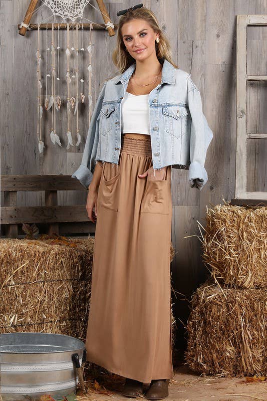 CWBLS130_SMOCKING WAIST DETAILED SKIRT WITH POCKET AND SLIT