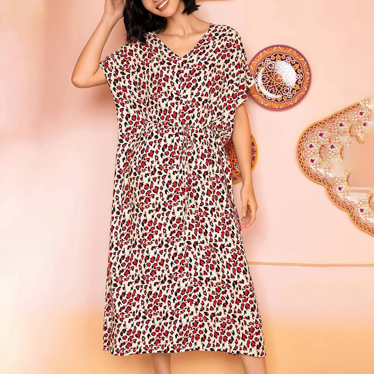 RAYON COTTON LONG FLORAL V-NECK NIGHTDRESS