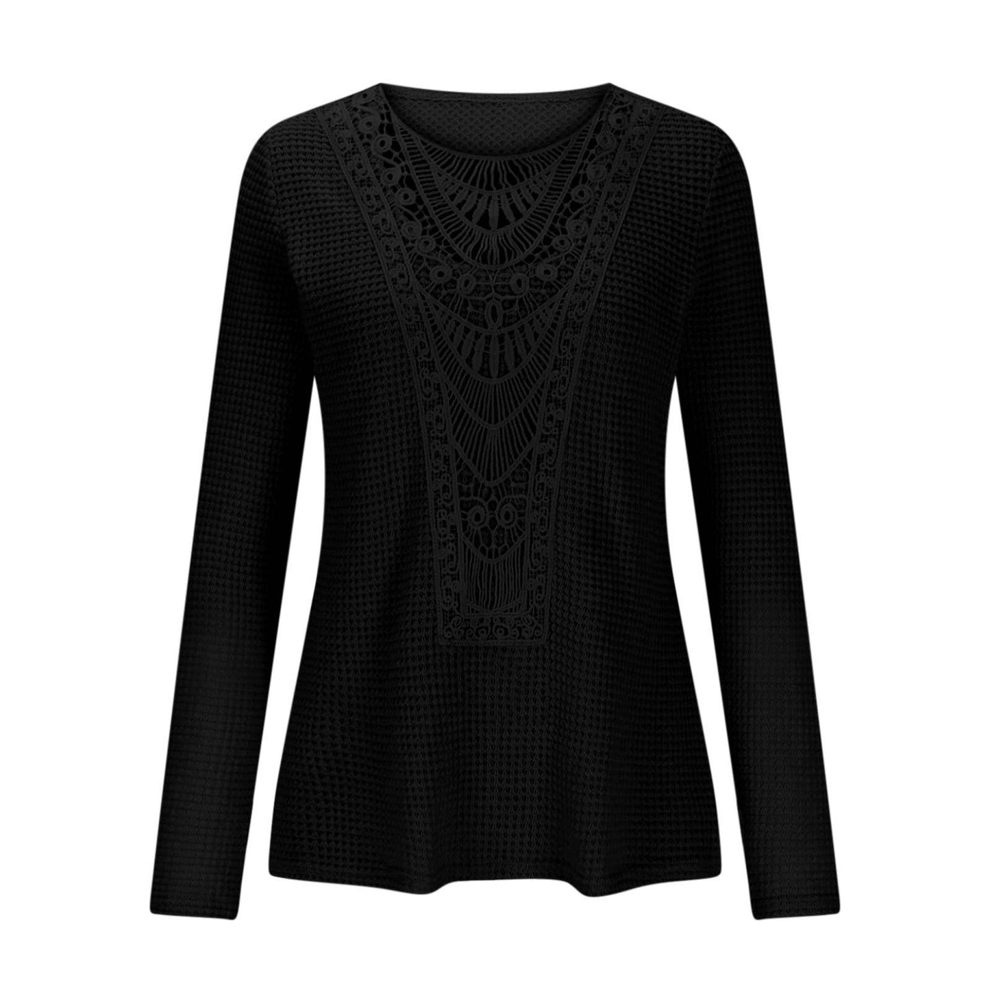 Solid-color teak lace patchwork top T-shirt