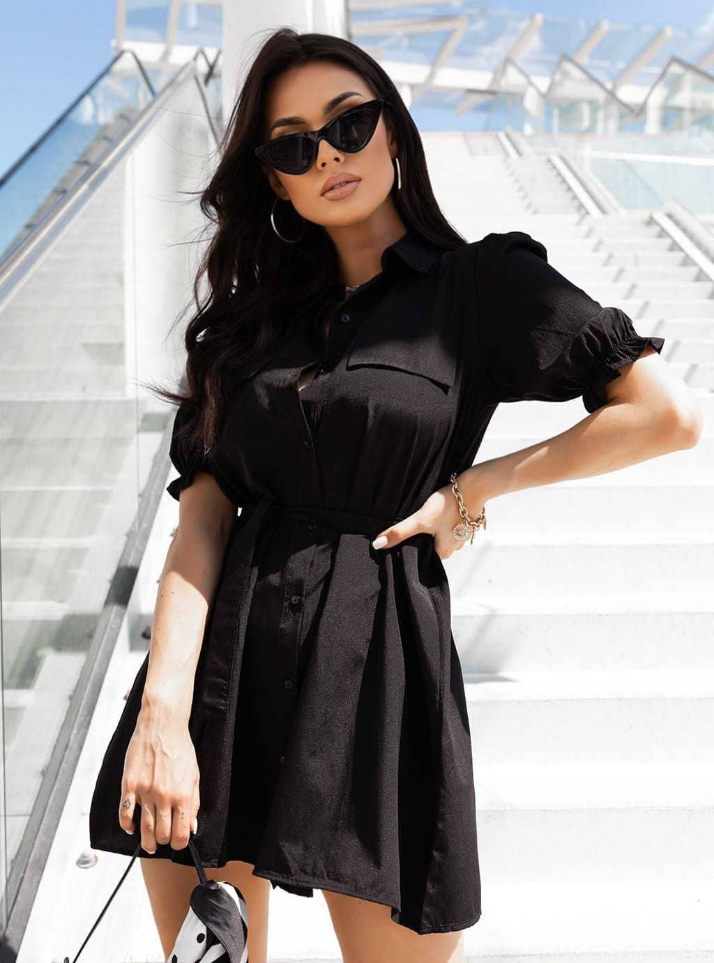 SIMPLE SHIRTDRESS WITH SHORT SLEEVE LAPEL AND BELT