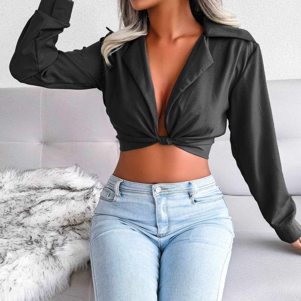 Suit collar knotted shirt crop top