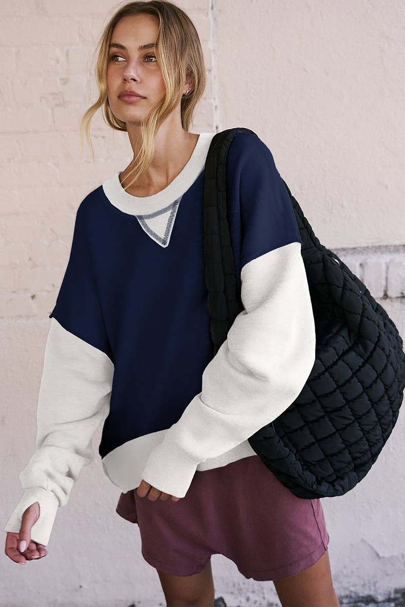 Two-tone round-neck loose pullover hoodie