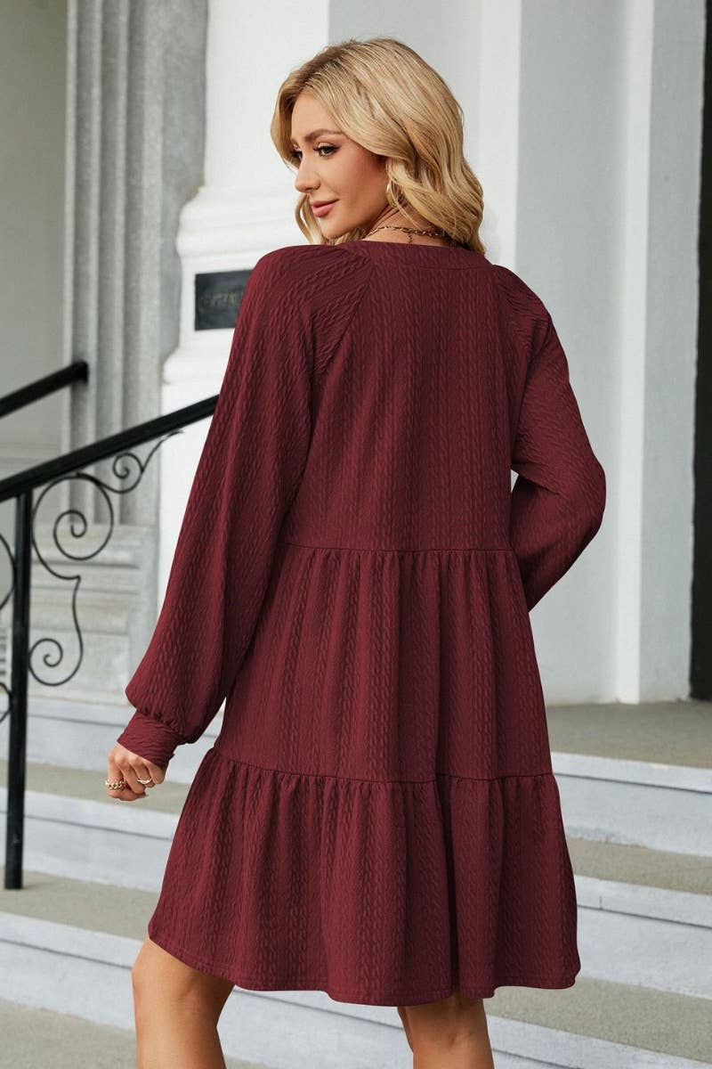 CWDSD6464_AUTUMN WINTER V-NECK LONG-SLEEVED DRESS SHORT