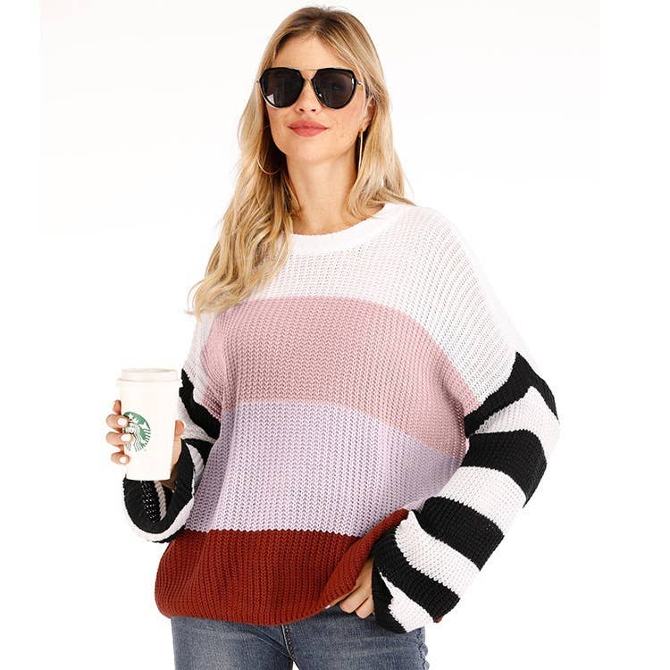 STRIPED SPLICED PULLOVER SWEATER IN INTERCOLOR