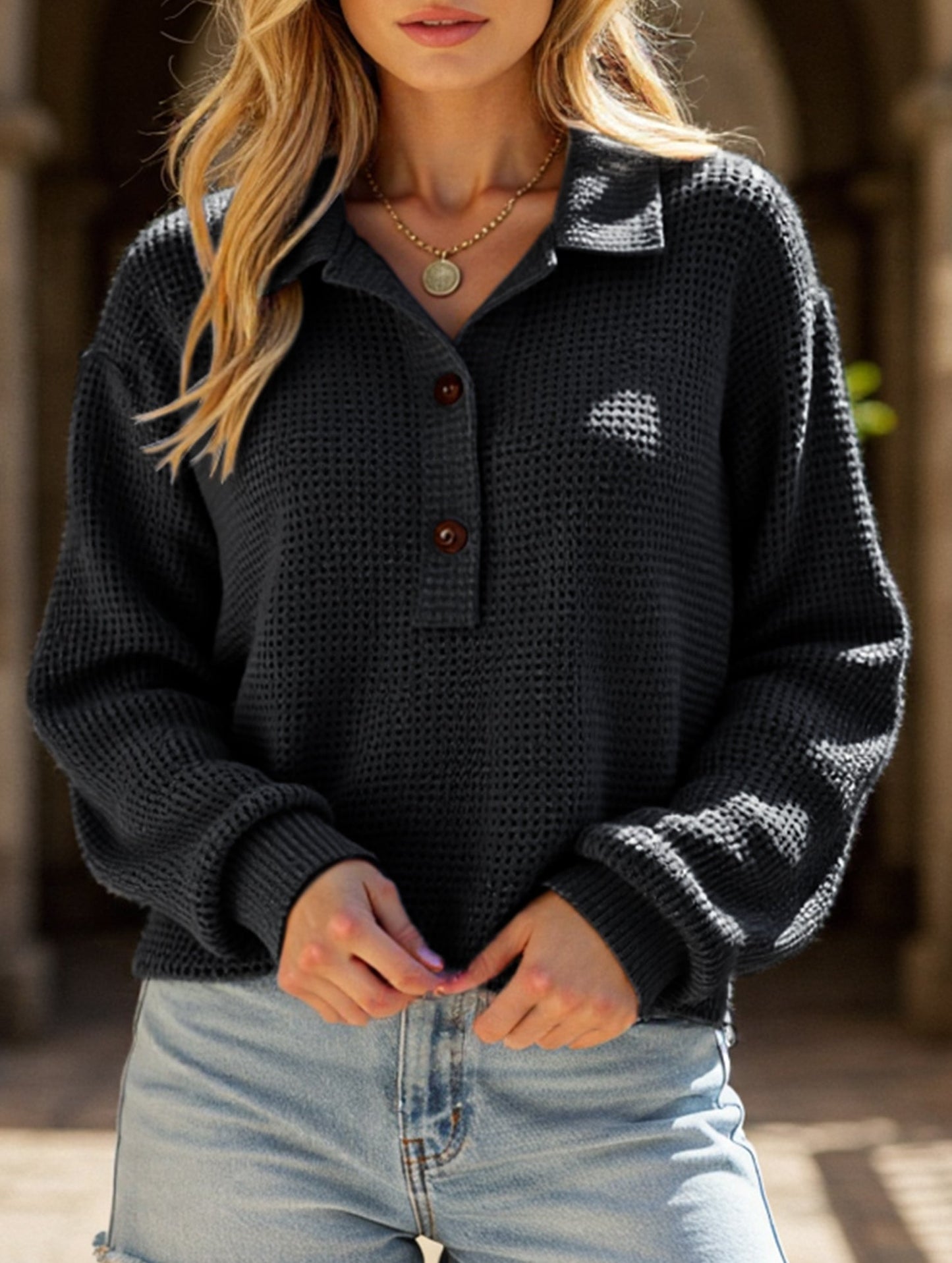 Pure color turn-over collar knitted sweater