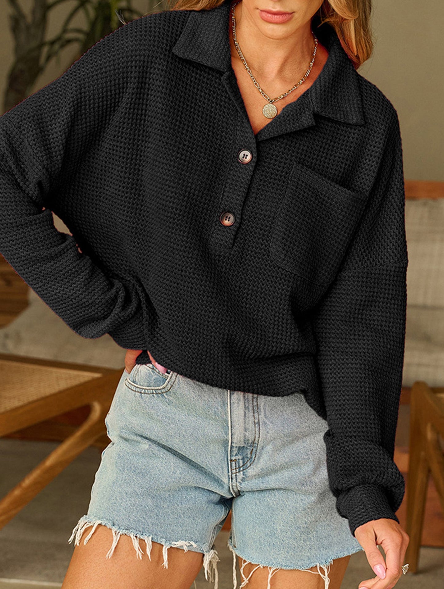 Pure color turn-over collar knitted sweater