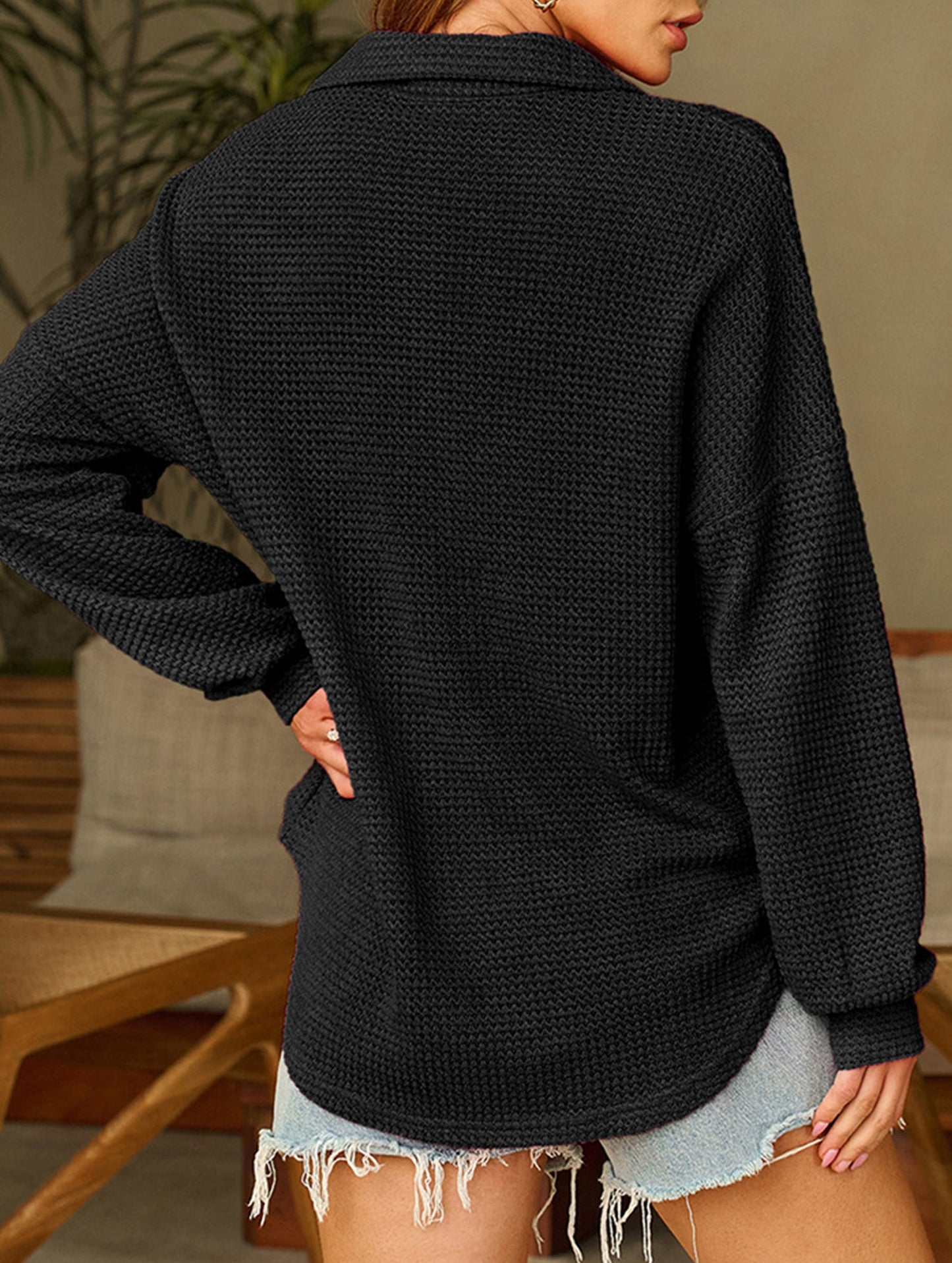 Pure color turn-over collar knitted sweater