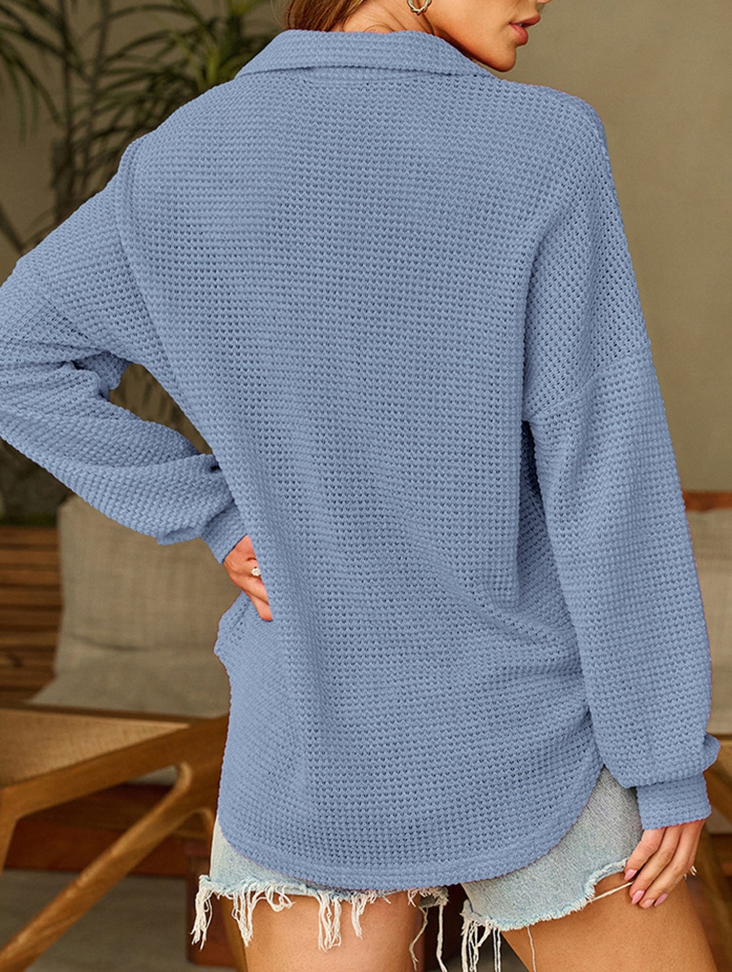 Pure color turn-over collar knitted sweater