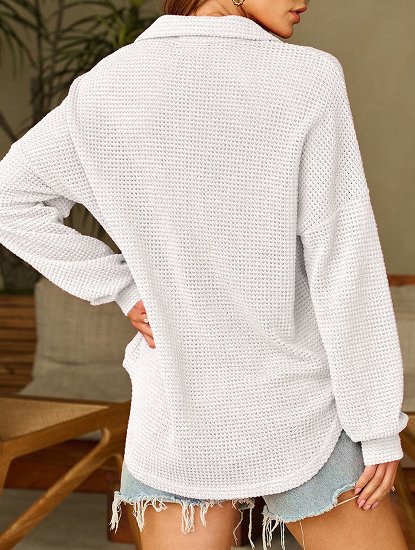 Pure color turn-over collar knitted sweater