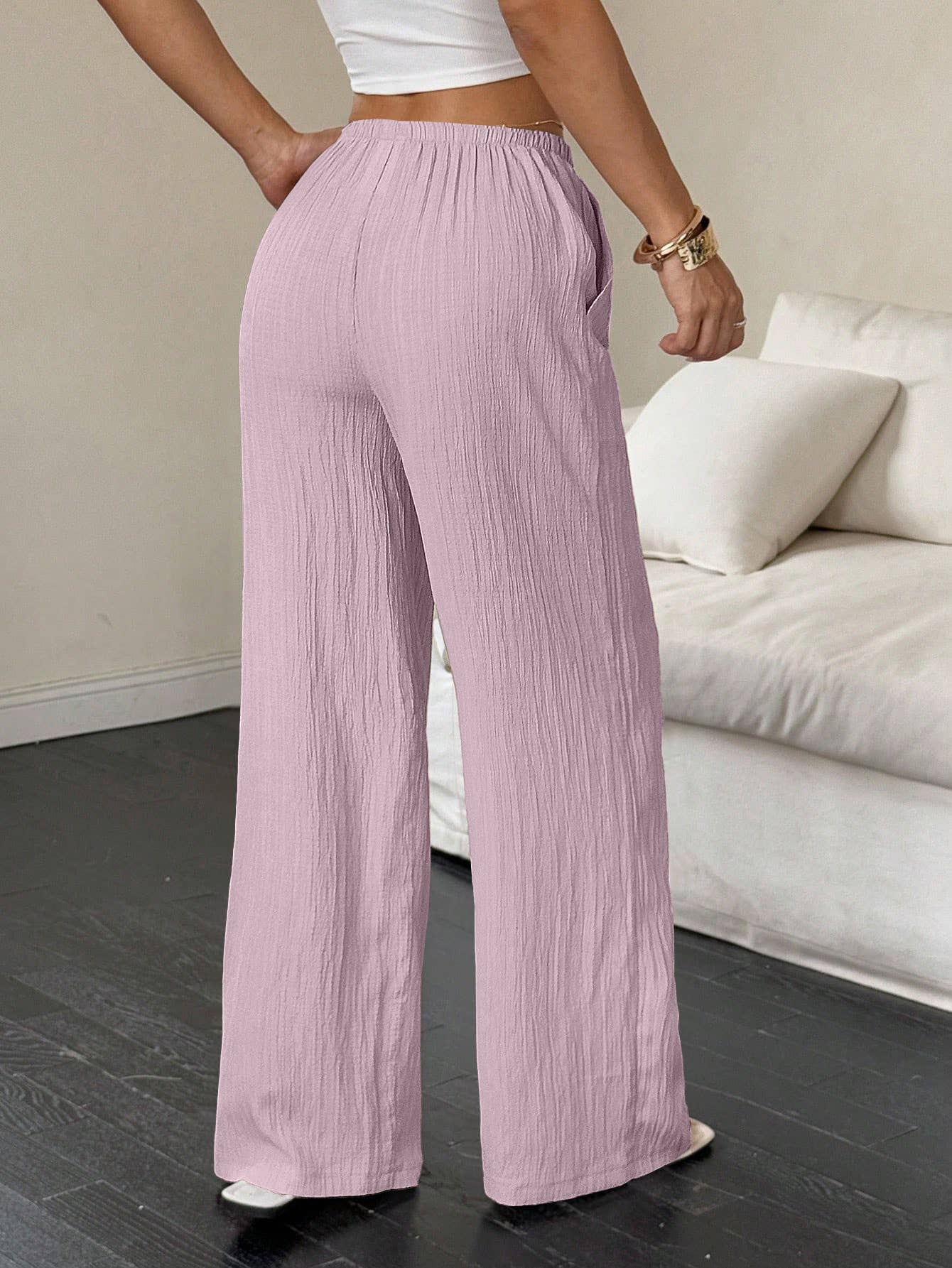 Solid-color textured drawstring wide-leg pants