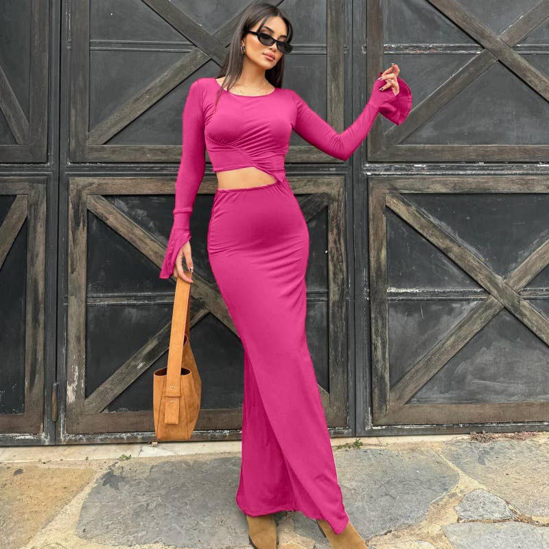 SOLID COLOR LONG SLEEVE SEXY LONG SKIRT DRESS