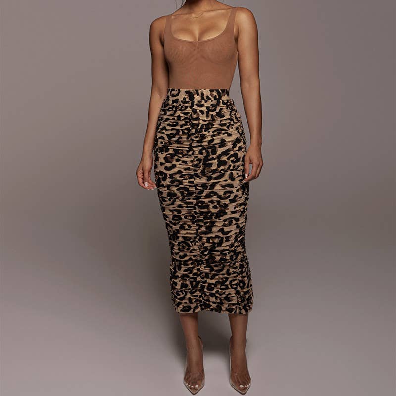 Fashion sexy tight pleated slit leopard skirt